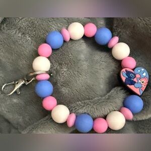Pink and Blue Beaded Keychain with Heart Charm